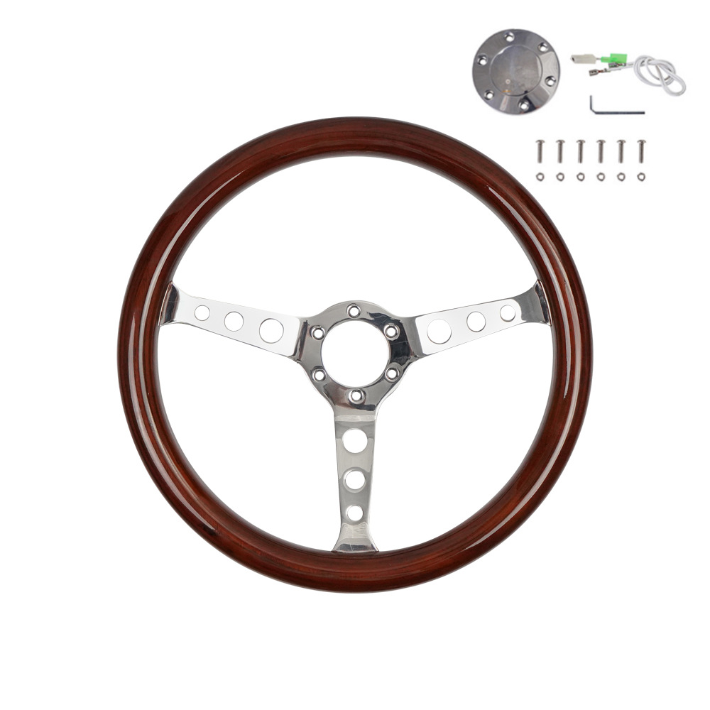 わずかに欠陥のある大胆な3つの丸穴無垢材ステアリングホイール+ホーンボタン