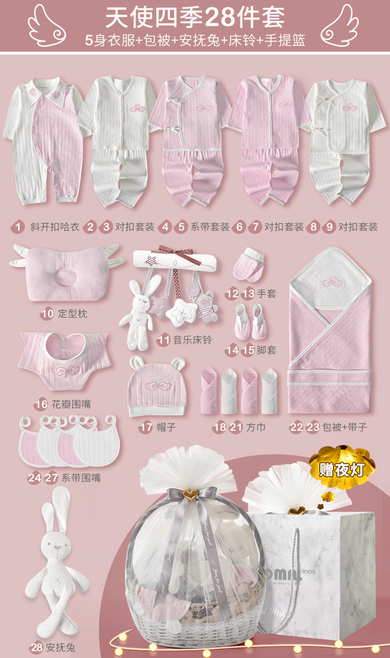 ◢四季天使パウダー 28点セット【リュクスギフトバスケット】おやすみウサギ＋ベッドメリー付き▽✓