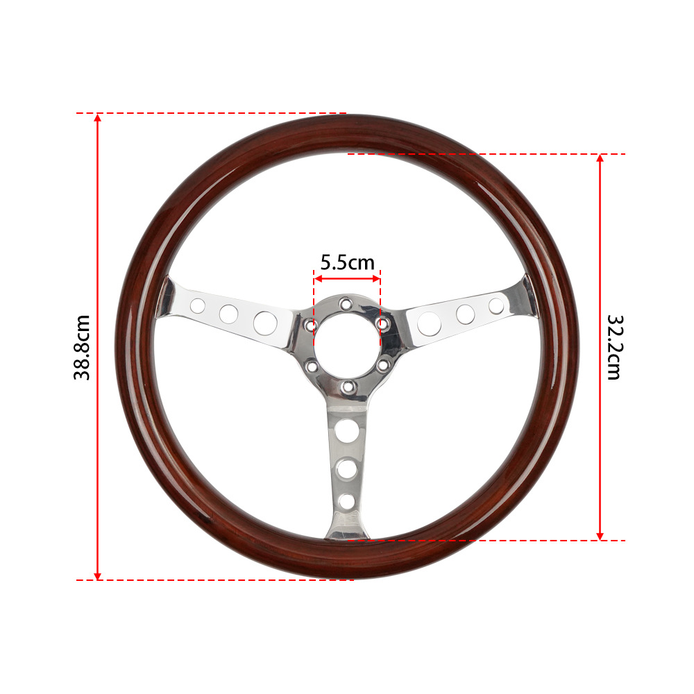 わずかに欠陥のある 3 つの丸穴無垢材ステアリング ホイール