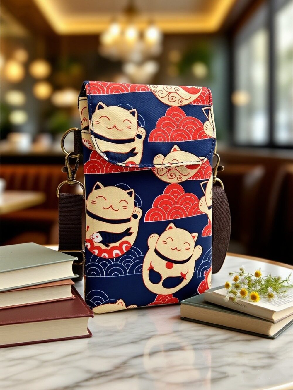 携帯電話バッグ招き猫-藍