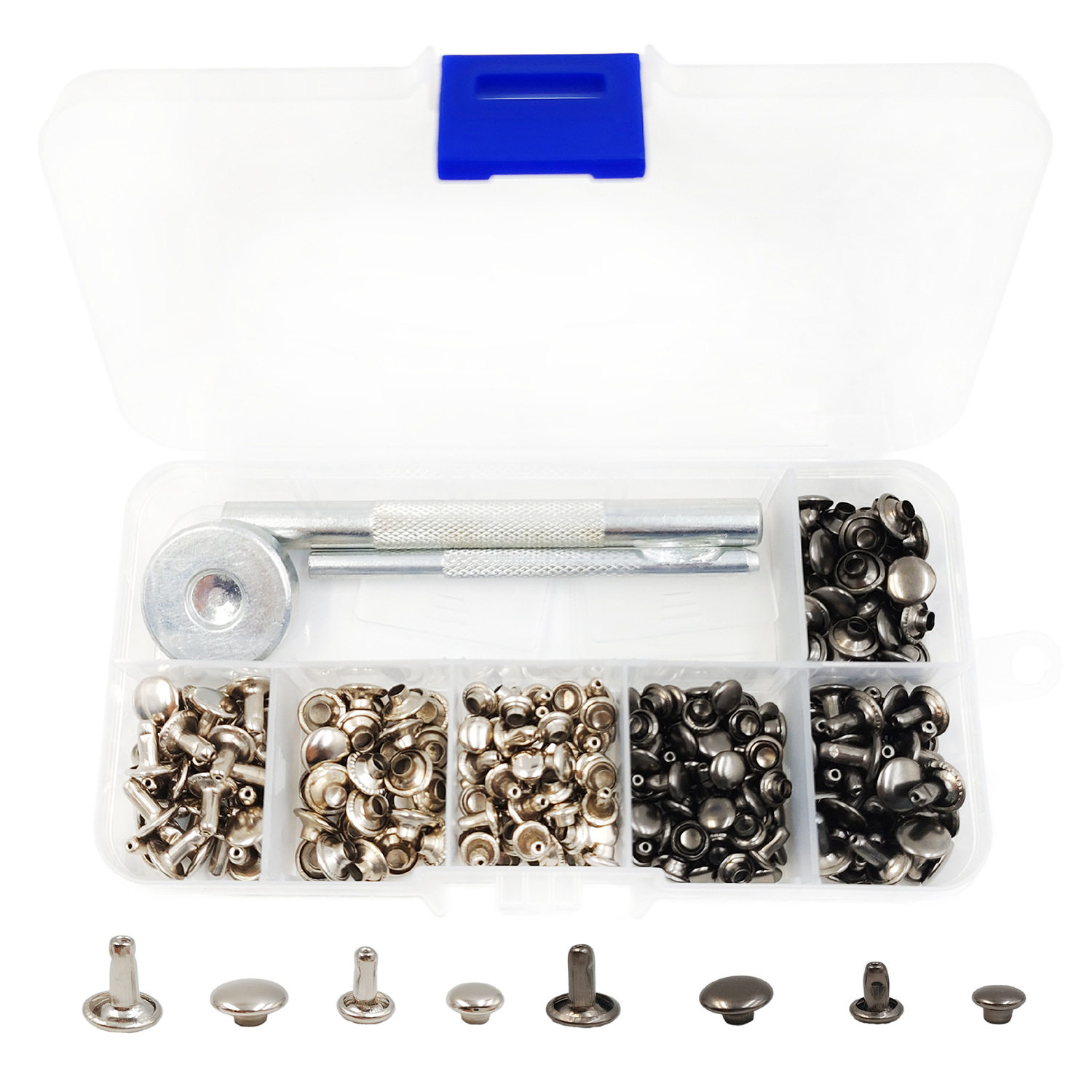 シルバー120セット+ガンブラック両面リベット2仕様(6*6+8*8)+工具3本+収納ボックス