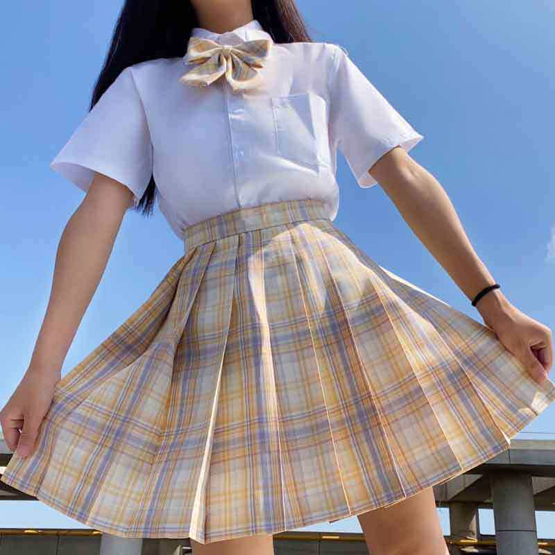 Gq9116チェックスカート + 白い先襟半袖 + 蝶ネクタイ