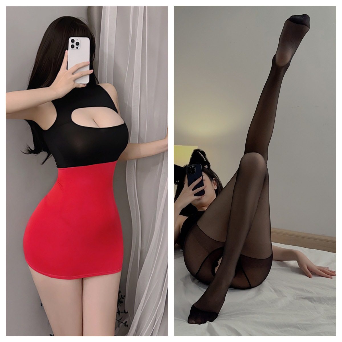 黒赤+黒クロッチレスストッキング