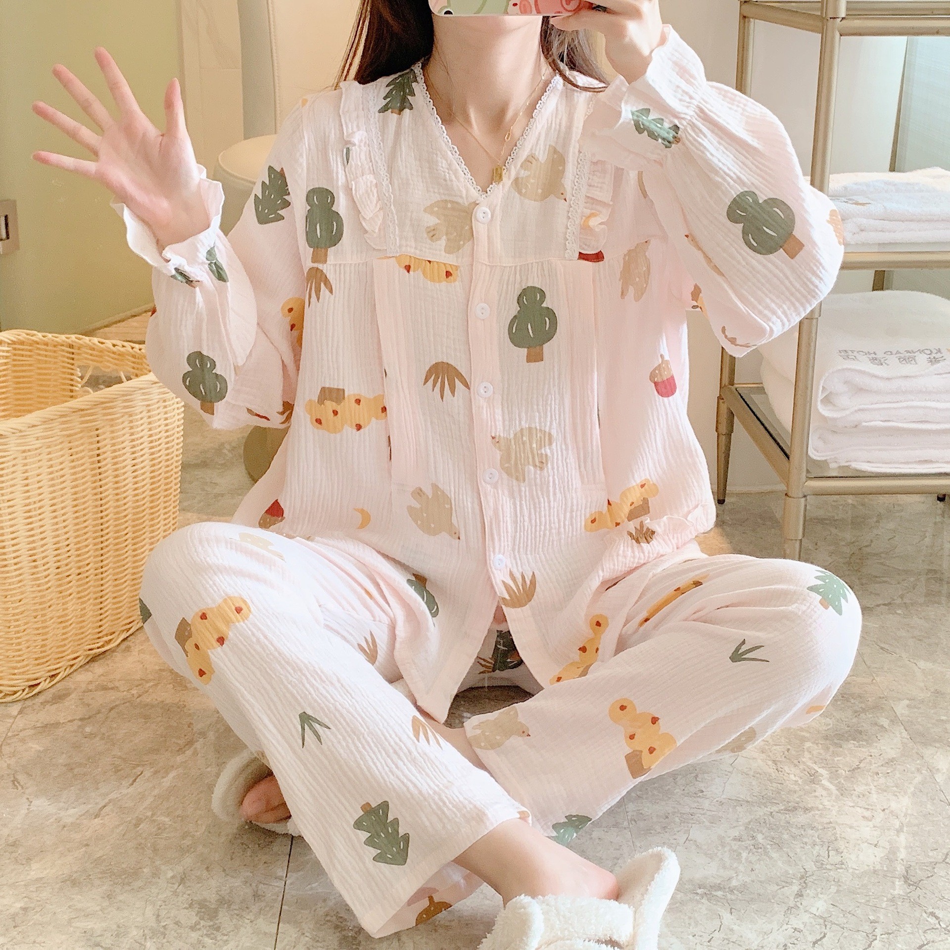 純綿クレープvネックピンク月子服セット