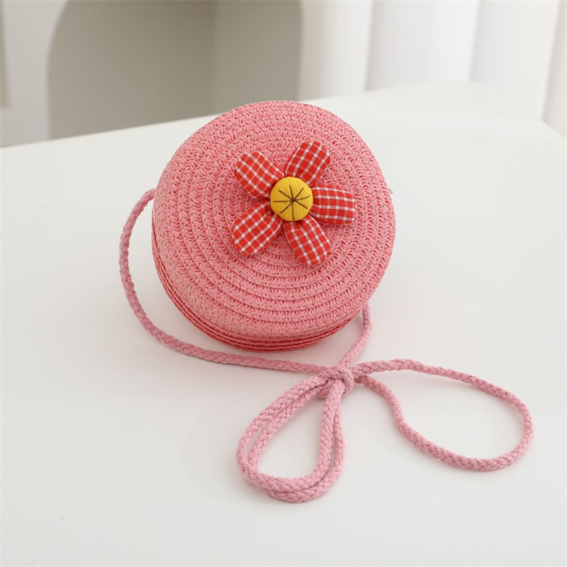 ピンクの赤い花のラウンドバッグ 直径12cm