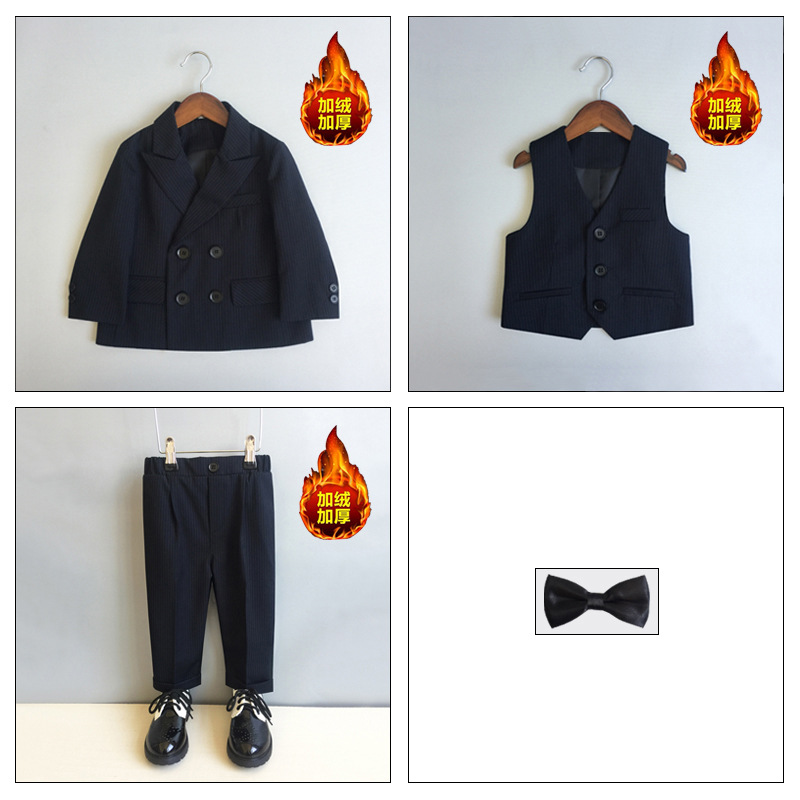 【都ベルベット】黒の縞 (スーツ + ベスト + ズボン + 黒の蝶ネクタイ + カエデの胸花)