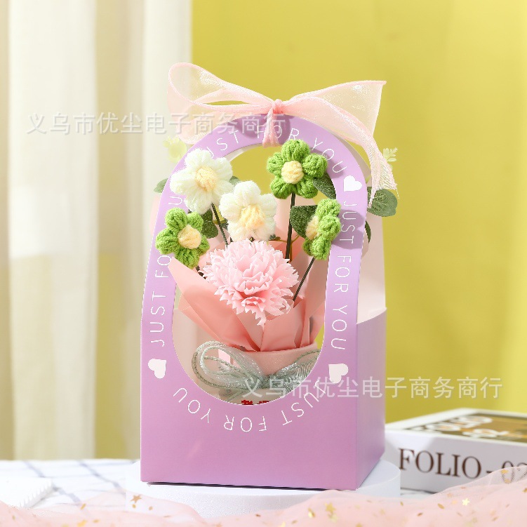 カーネーション抱き桶花-緑手提げカラーボックス