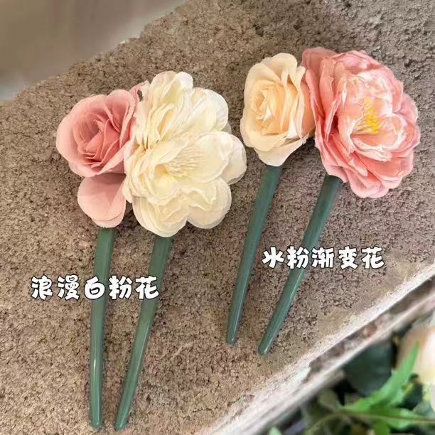 6060花u型かんざし-白い花