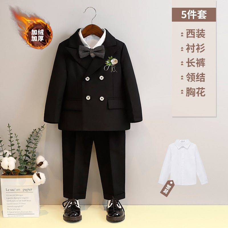 ベルベット黒5点セット (コート長ズボン長袖シャツY6Y1蝶ネクタイ茶花胸花)