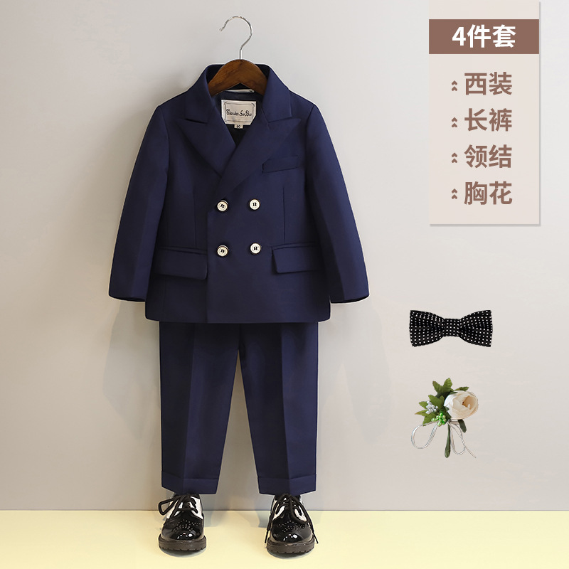 チベット青コート4点セット (コート + 長ズボン + y6y1蝶ネクタイ + 茶花胸花)