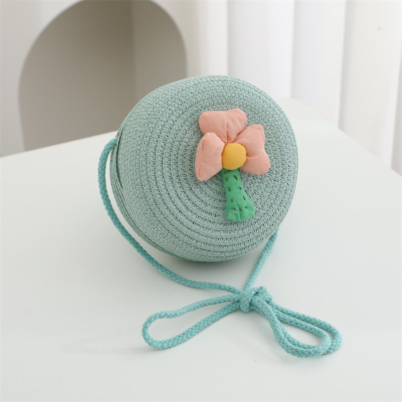 グリーンピンクフラワーラウンドバッグ 直径15cm