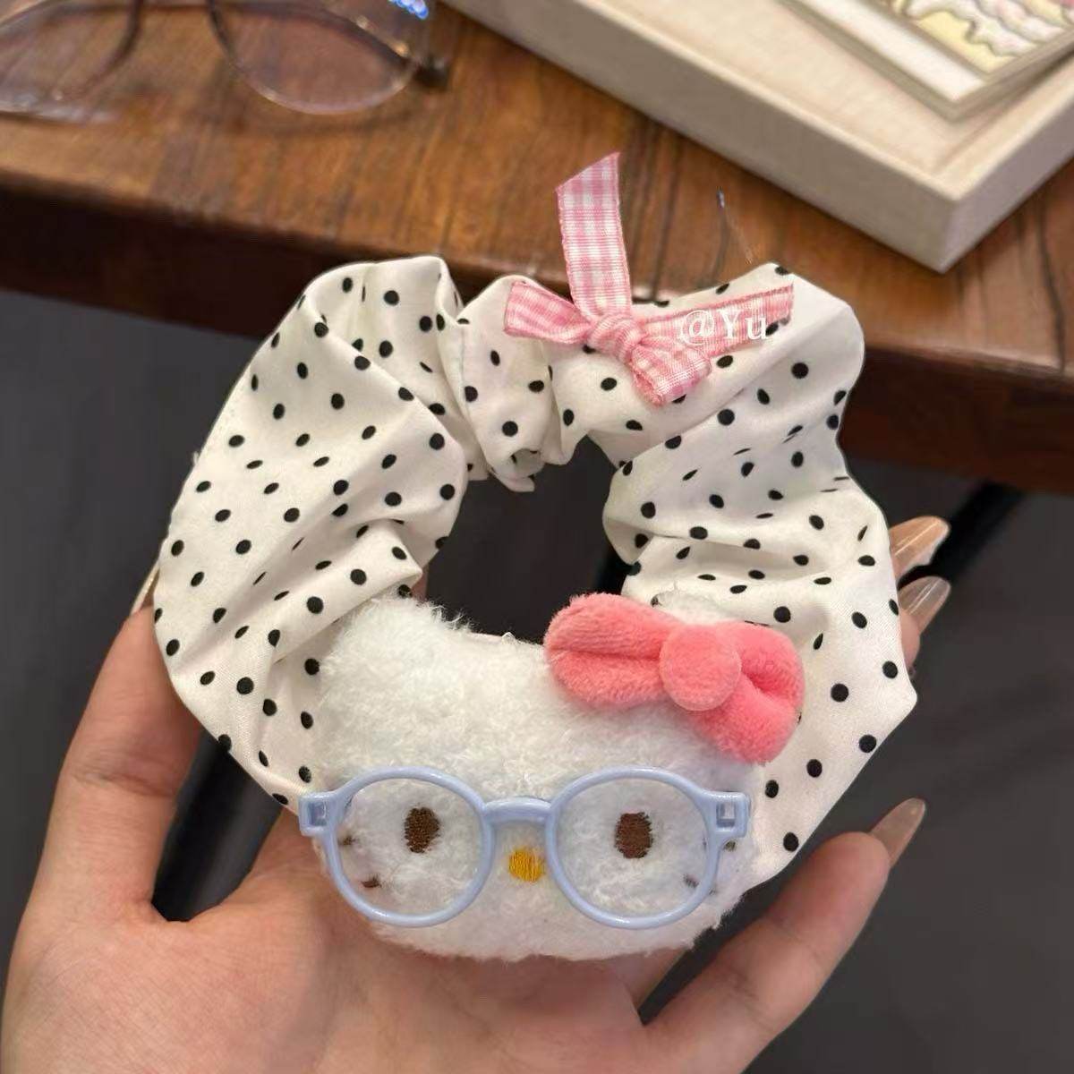 5969 古代メガネヘアゴム-白水玉ピンク猫