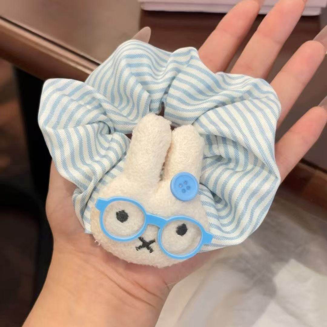 5969 古代メガネヘアゴム-ブルーストライプウサギ