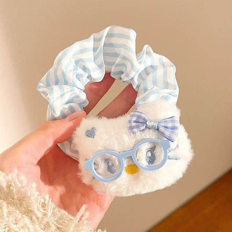 5969 古代メガネヘアゴム-青いメガネ青い縞模様の猫