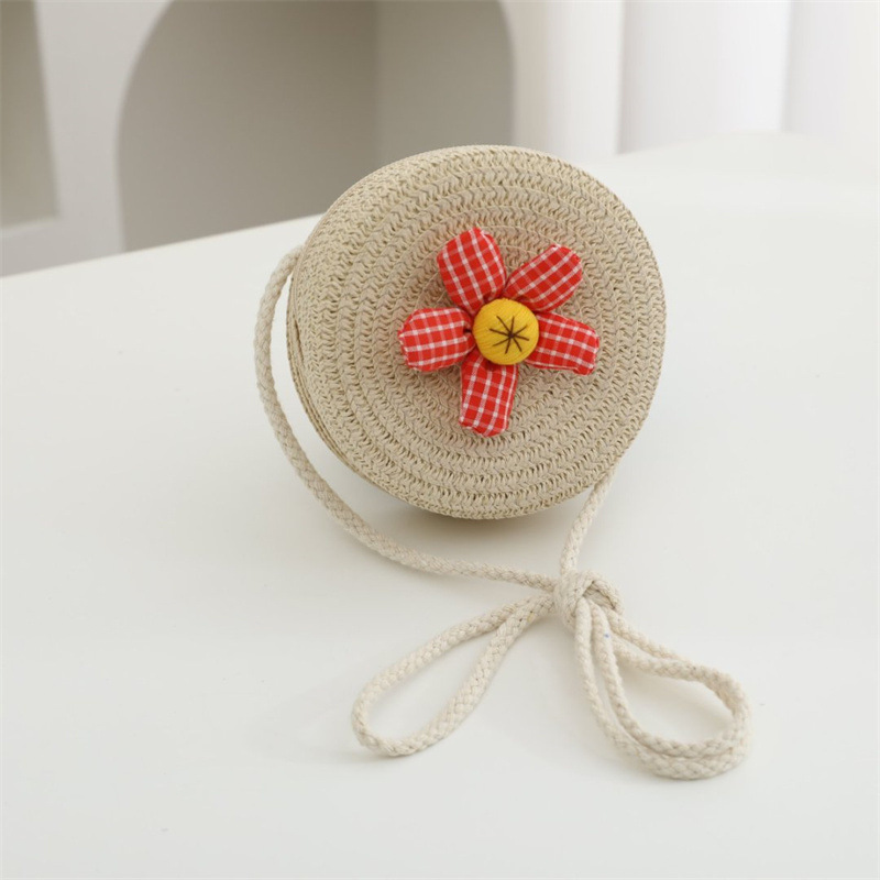 ベージュの赤い花のラウンドバッグ 直径12cm