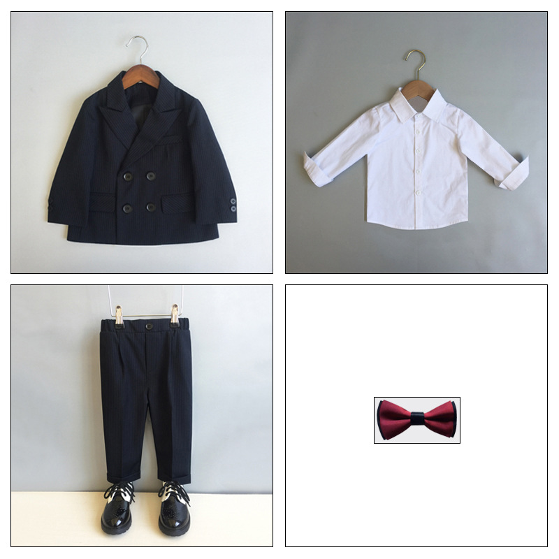 ブラックストライプ (スーツ + ズボン + シャツ + 赤面黒地ネクタイ + カエデの胸花