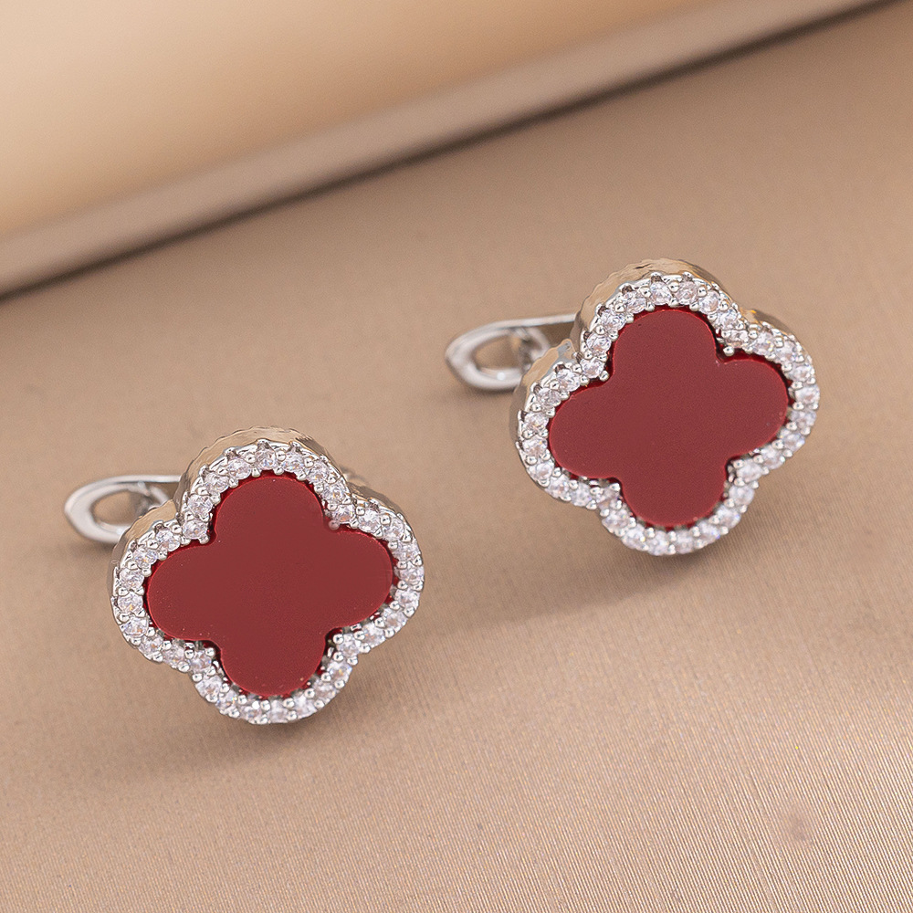 257 シルバー レッド シェル クローバー スプリング スタッド ピアス