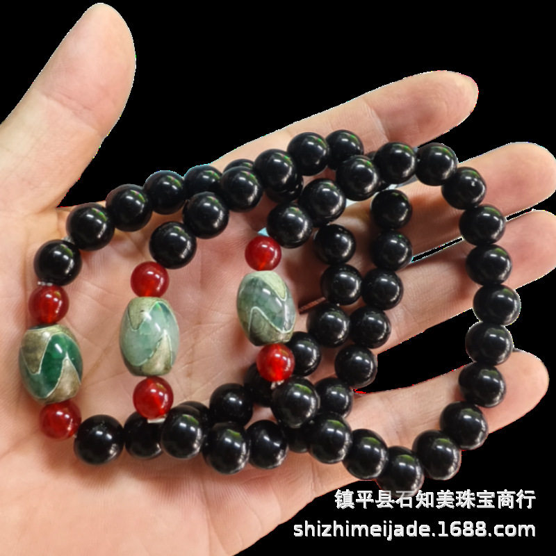 黒ビーズと20mmグリーンタイガートゥース天珠ブレスレット