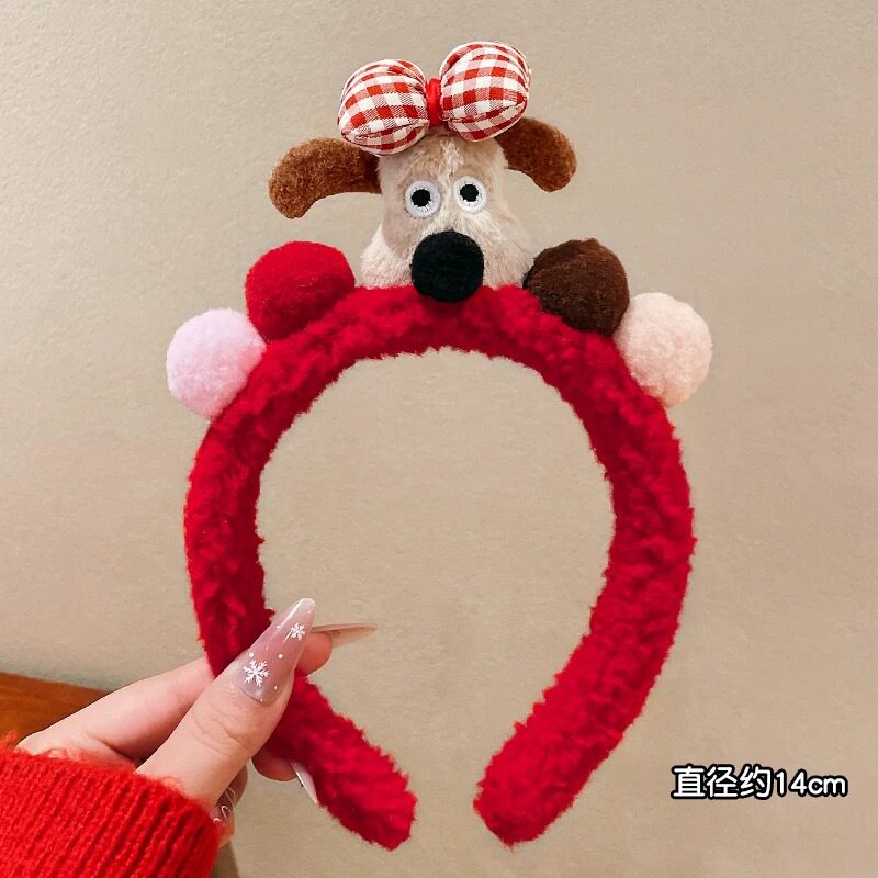 55#赤いリボン付き子犬のカラフルボールぬいぐるみヘアバンド