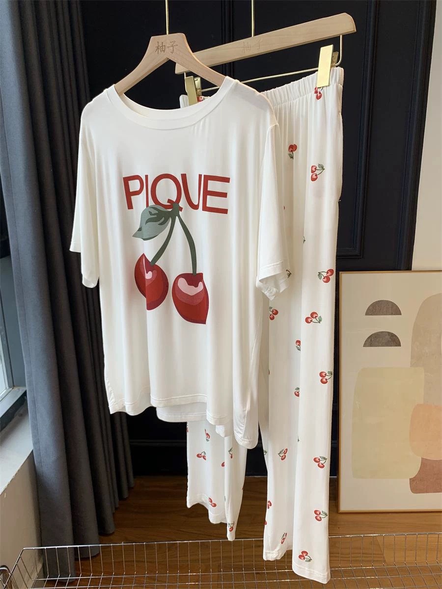 チェリー半袖パンツ-スーツ-ホワイト