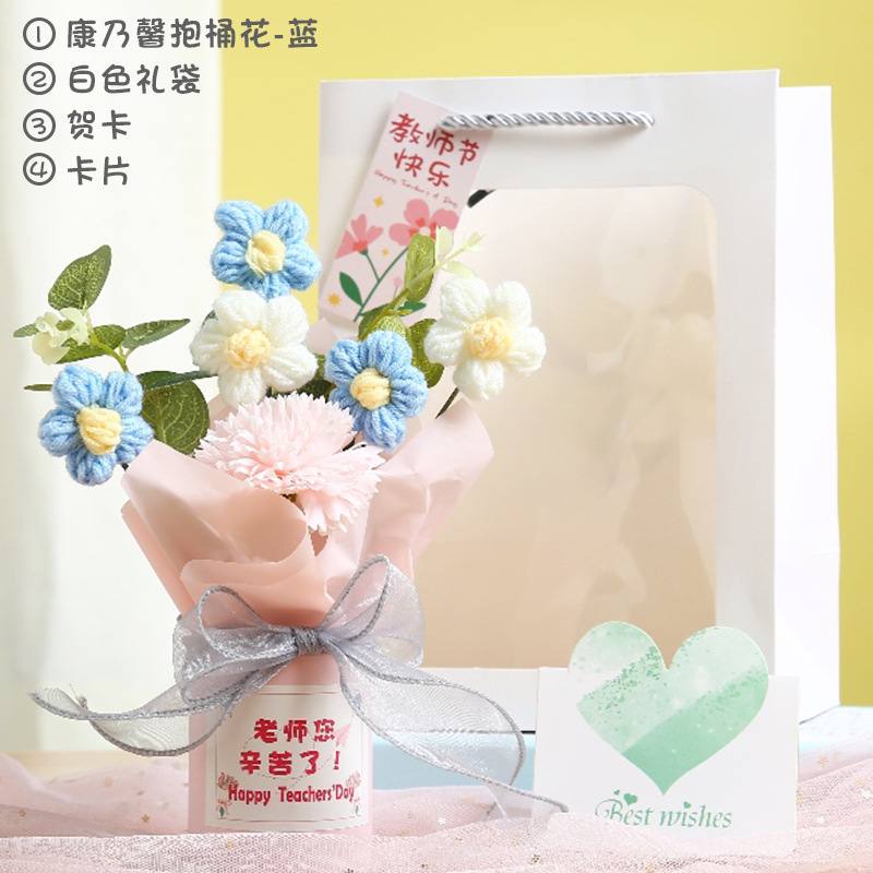 カーネーション抱きバケツ花-ブルーギフトバッググリーティングカード