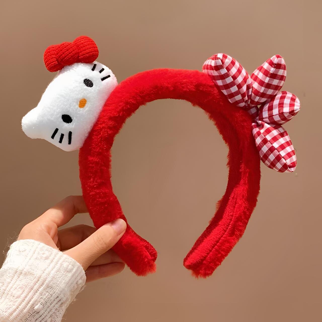 57 # 赤いキティちゃんのチェック柄リボン付き、可愛いふわふわヘアバンド