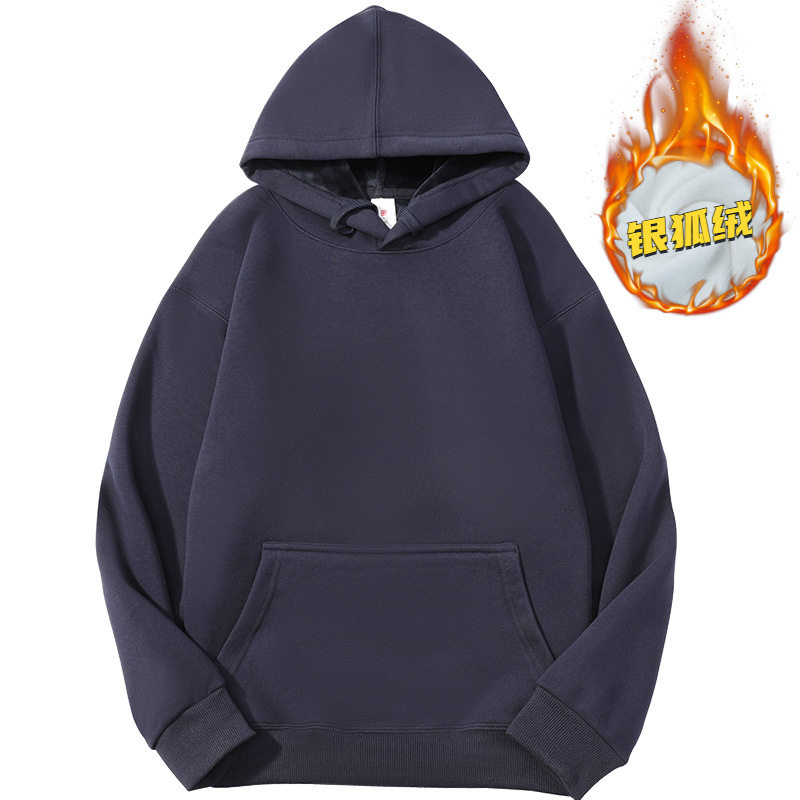 ネイビーブルーのチャイナ コットン フード付きフリース スウェットシャツ