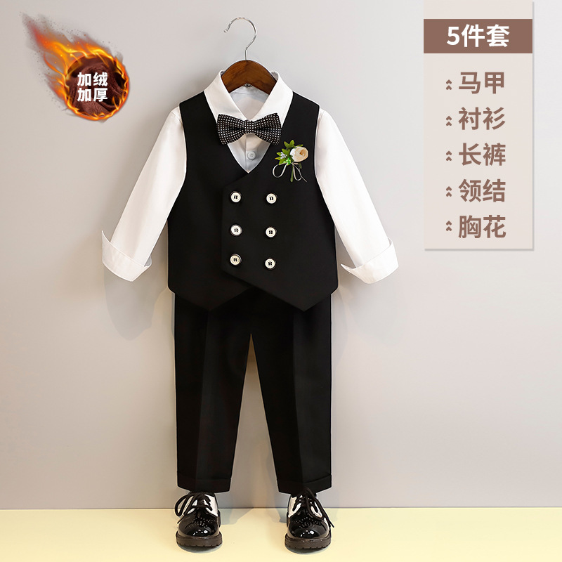 ベルベット黒馬甲5点セット (シャツ馬甲長ズボン蝶ネクタイ胸花)